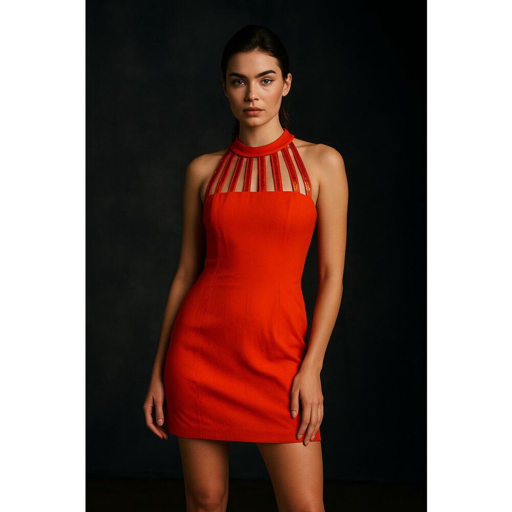 BB Collections Orange Sequin Halter Mini Dress Party Glam Size 6